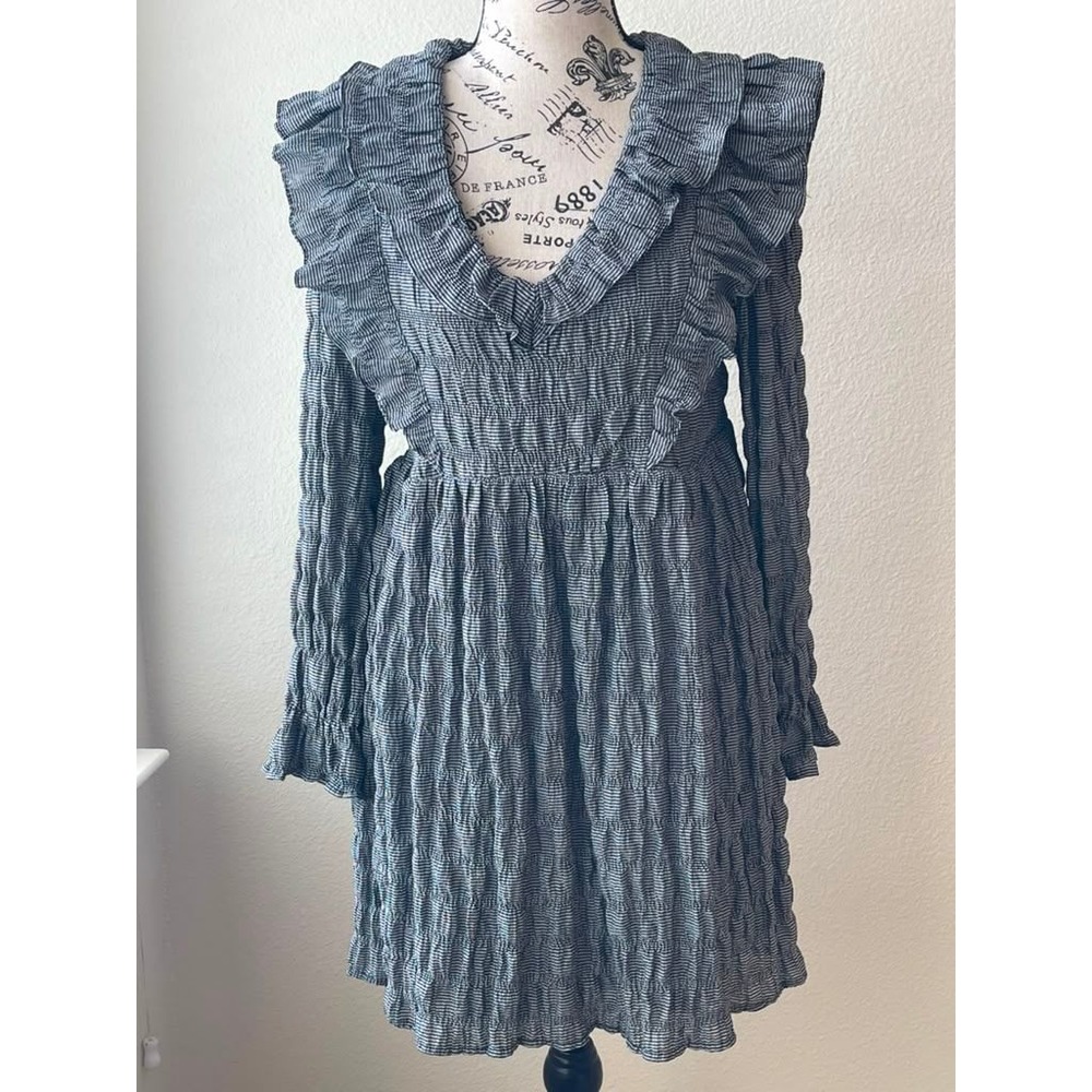 Moon River Black White Gingham Smocked Ruffle Mini Dress MR7248 Womens Small